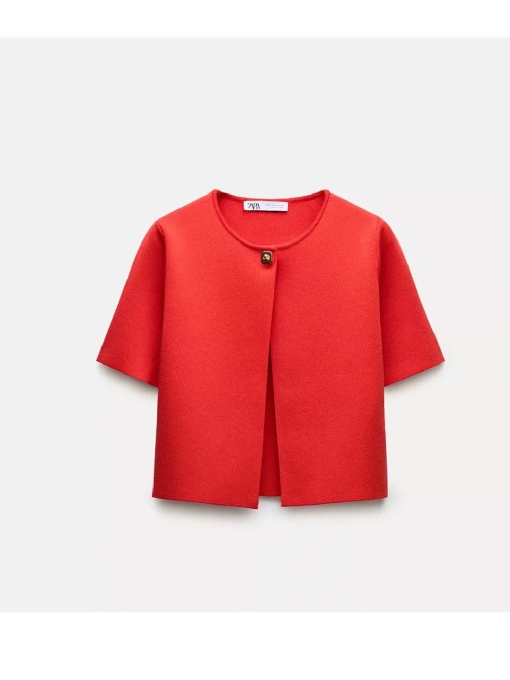 Zara Red Cropped Short Sleeve One-Button Cardigan